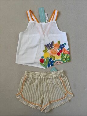Peek Girls Summer Set Floral Fruit Embroidered Tank Top Bow Back Striped Shorts